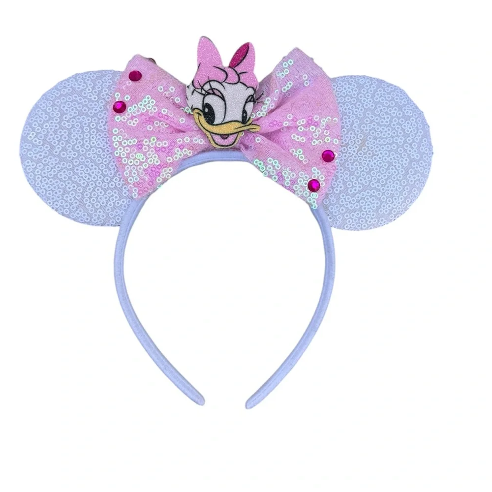 Disney Parks Daisy Duck Sequin Minnie Ears Headband Pink Bow